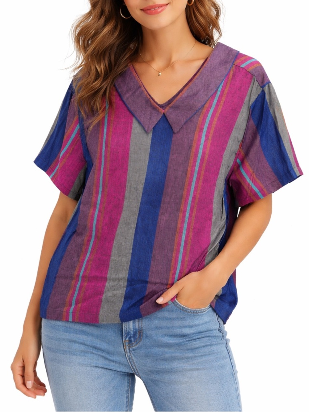 Happy Legs Women Striped Blouse Rayon V-Neck Short Sleeve Size 11